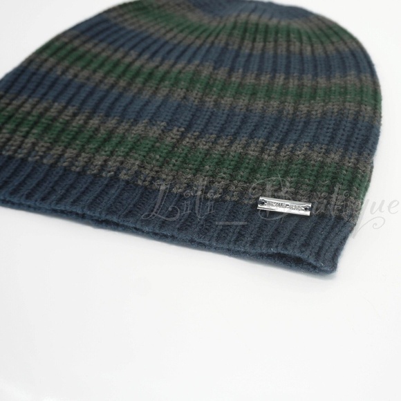 No Tag Michael Kors Men Knit Acrylic Beanie Hat Ski Cap Striped Navy Green Grey - Picture 3 of 4